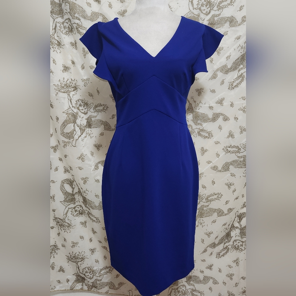 DKNYV-Neck Ruffle Cap Sleeve Sheath Dress Sz 6